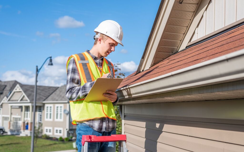 A home inspector checks out gutters on a house.