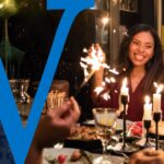 A group of friends celebrates the holidays.