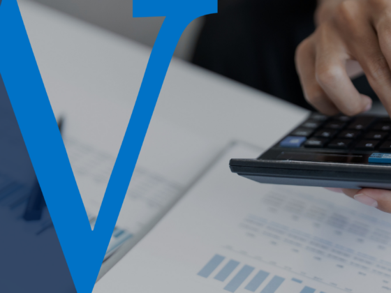 Person using a calculator at a desk with financial documents, overlaid with a blue W graphic.